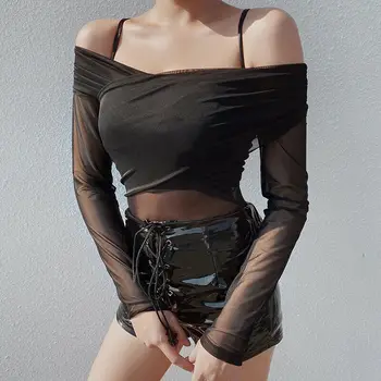 

Women Casual Slim Mesh Solid Women Off Shoulder Long Sleeve Bodysuit Top Plain Stretch Summer Cloth For Girls hot