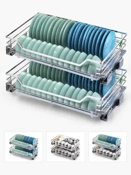 

Kitchen cabinet pull basket 304 stainless steel double buffer kitchen cabinet drawer dish rack seasoning dish basket