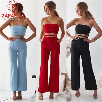 

Zapalisa Solid Color Fashion Women Overalls Elegant Strapless Backless Slim Hollow Out Bell-Bottoms Design Sexy Jumpsuit