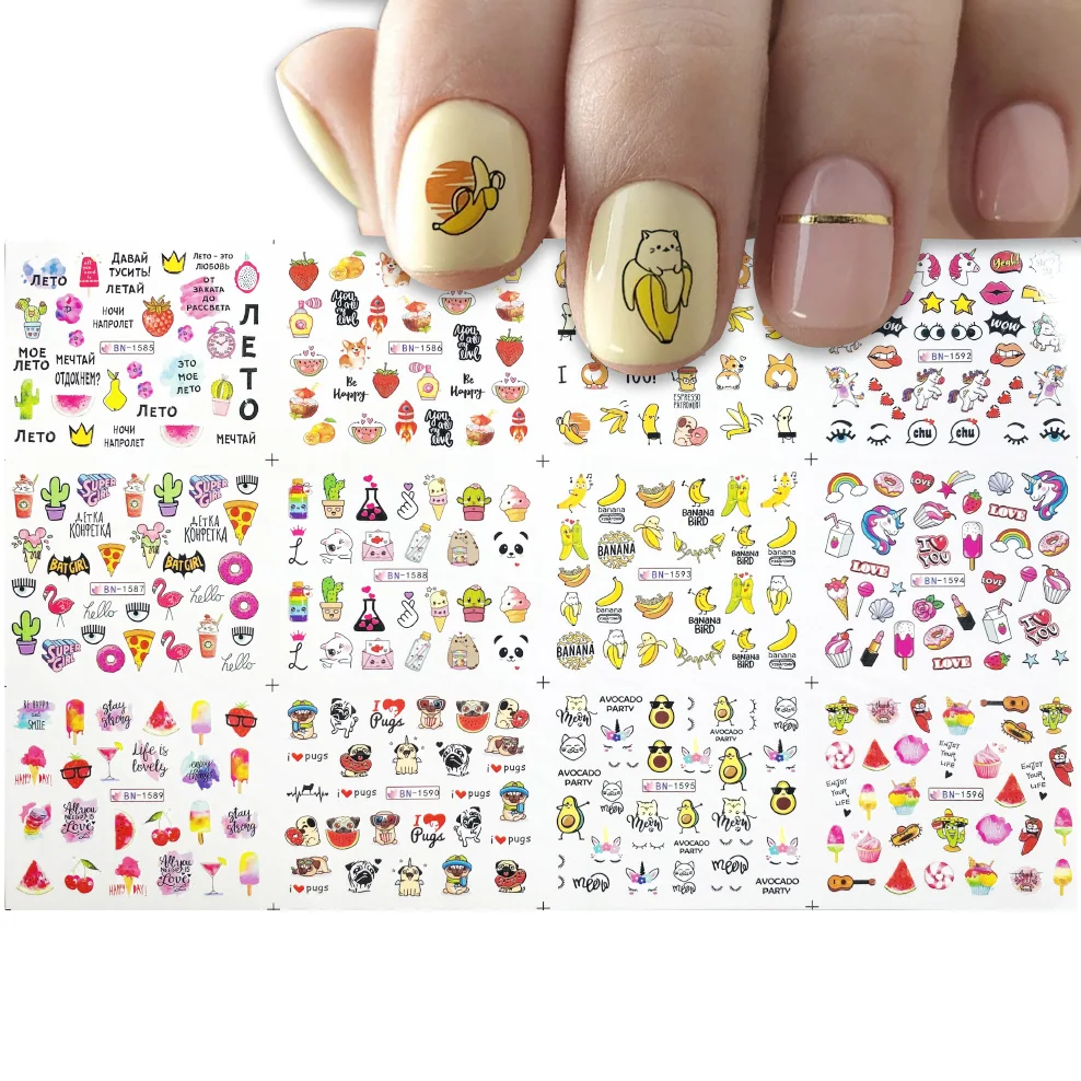

12 Designs Summer Mix Fruits Sweets Ice Cream Water Decals Nail Sticker Set Cute Animal Nail Art Decoration Watermark Slider