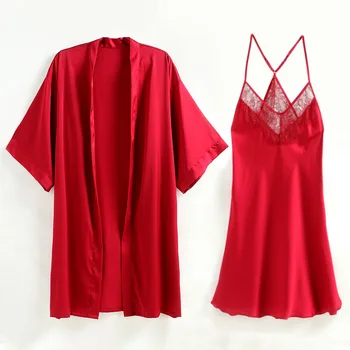

Satin Nightwear Kimono Bathrobe Gown Women Intimate Lingerie Twinset Robe Set Casual Bridal Wedding Gift Sleepwear Nightgown