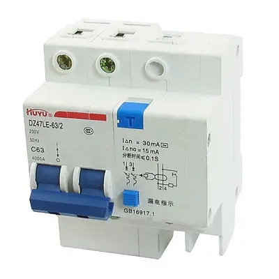 

DZ47LE-63 C63 AC 230V 63A Two Pole On/Off Switch Mini Circuit Breaker 4000A