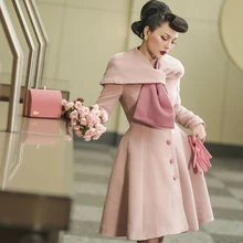 Le Palais Винтаж зимняя оригинальная винтажная розовая необычная шаль шарф воротник сборная талия юбка длинное шерстяное пальто для женщин