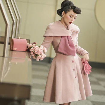

Le Palais Vintage 2019 Winter Original Vintage Pink Irregular Shawl Scarf Collar Collect Waist Skirt Long Wool Coat Women