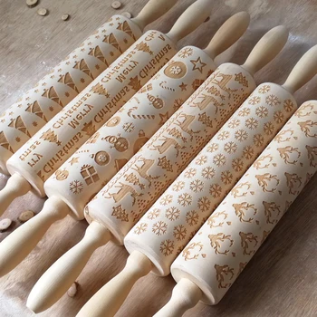 

Christmas Rolling Pins Rock Snowflake Elk Wooden Rolling Embossing Baking Cookies Biscuit Fondant Cake Patterned Roller DIY Tool
