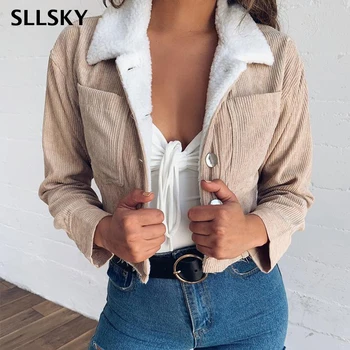 

SLLSKY Khaki Fleece Trucker Jacket Women Front Pockets Thick Warm Basic Cropped Coat Winter Soft Corduroy Short Jackets Female