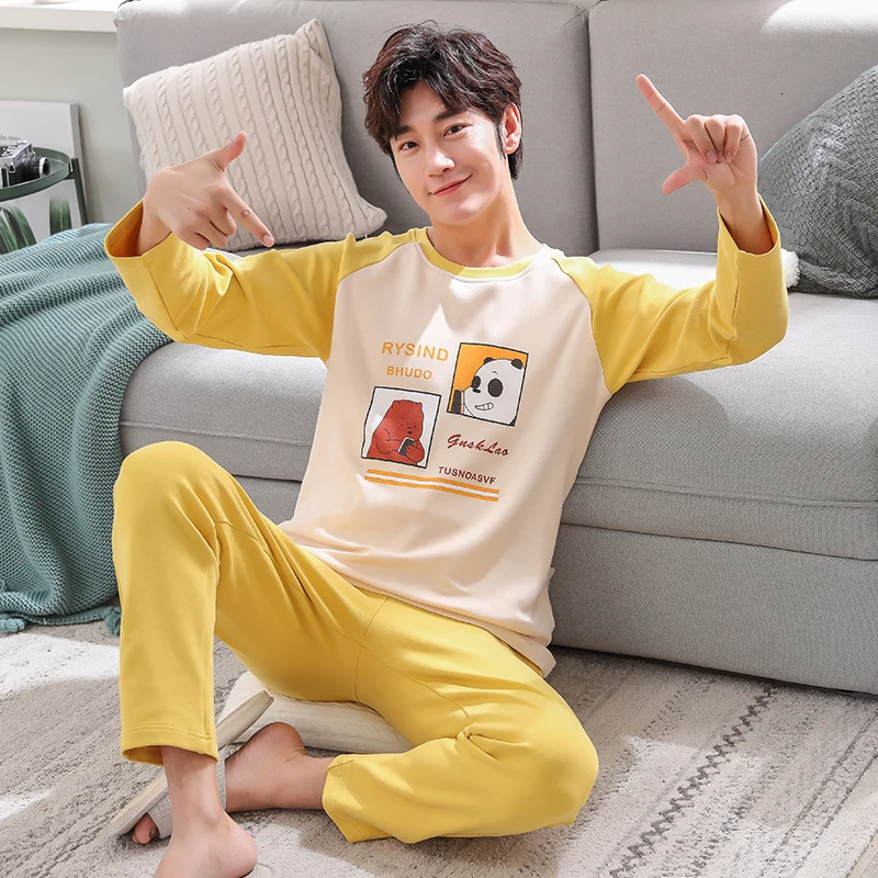 men pajama set Осенне-зимний мужской хлопковый пижамный комплект, полосатая Пижама с буквенным принтом, мультяшная Пижама, Повседневная Пижама для сна и отдыха размера плюс 3XL, Пижама - Цвет: men pajama set