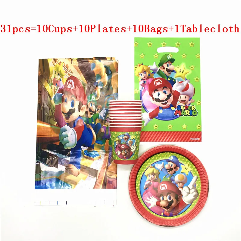 31 шт./61 шт., вечерние тарелки Super Mario Bros, чашки, скатерть, украшение для дня рождения, Детские праздничные принадлежности для 10/20 человек - Цвет: BeiPanLiZhuo 31pcs