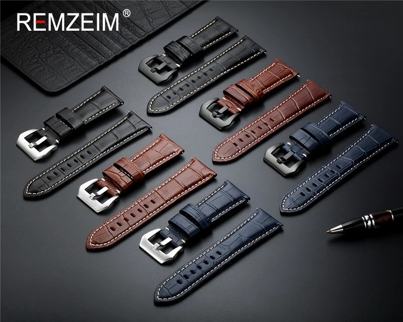 Premium Genuine Leather Watch Band Strap in Blue with Solid Metal Buckle
