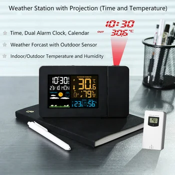 

Plastic Home Digital LED Display Weather Station Projection Alarm Clock Dimmable Temperature Electronic Forecast Multifunctional