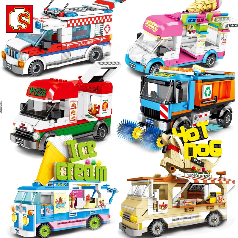 Sembo City Vehicle Street Spazzatrice Dumper Pizza Van Gelato Camion Building Blocks Amici Street View Ambulanza Car Figure Giocattoli