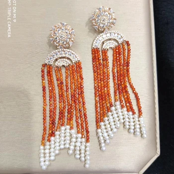 

Luxury Solid 925 Sterling Silver AAA Zircon Pearl Tassel Dangle Earring With Orange Crystal Freshwater Pearl Wedding Jewelry