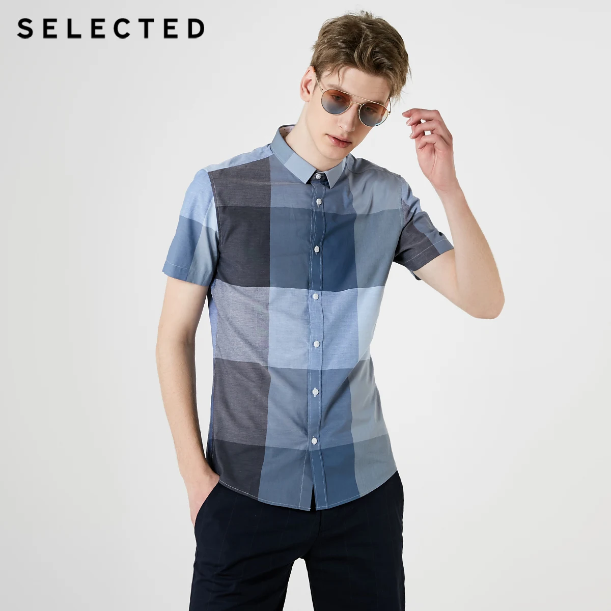 Мужская клетчатая рубашка из 100% хлопка повседневная приталенная с короткими