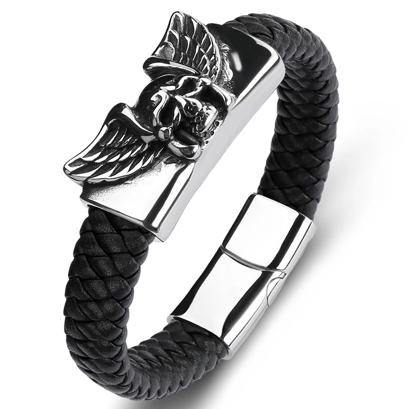 Trendy Demon Angel Wings Stainless Steel Skull Bracelets Men Leather Bangles Punk Hip Hop Jewelry Male Wristband Gifts P128 | Украшения и