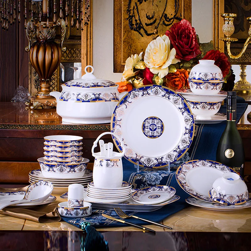 60 Heads Dish set home simple European jingdezhen ceramics Chinese bowl plate combination dishes and plates sets