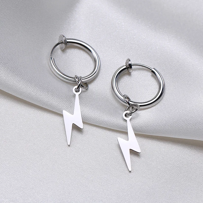 Lightning Bolt Charm Hoop Huggie Silver Color Earrings for Men Stainless Steel Hinge Hoops Lightnings - Image 6