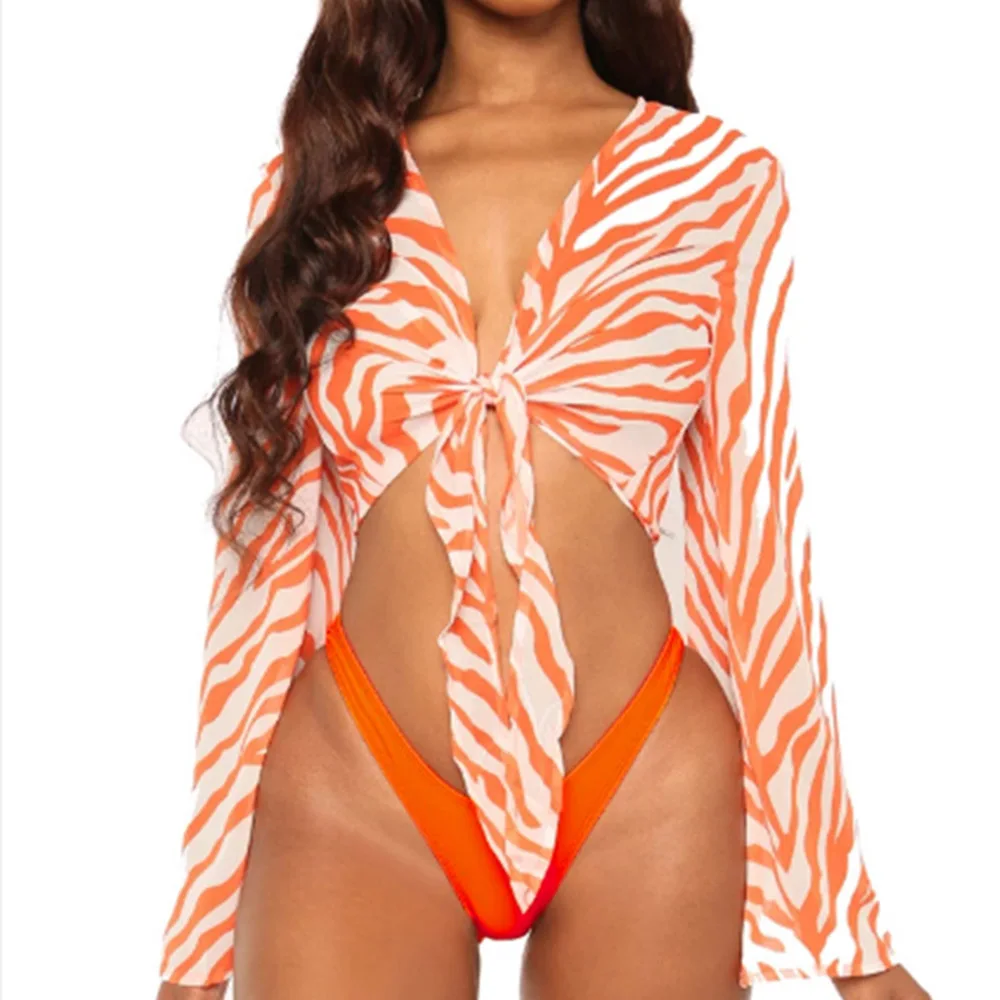  2020 Sexy Three Pieces Bikini Set Bell Sleeve Bikini Cover Up Swimwear Women Swimsuit Print Bathing