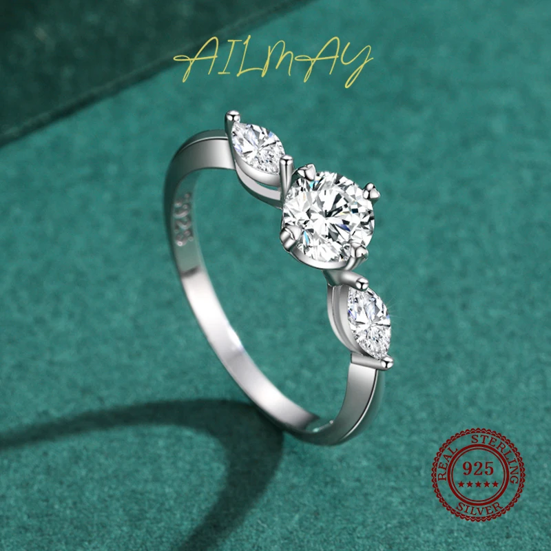 Ailmay 100% 패션 스파클링 1.0ct 지르코니아 손가락 반지 여성을위한 결혼식 성명 파인 실버 주얼리