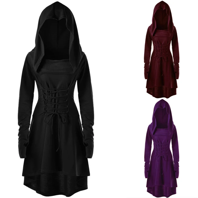 Womens Renaissance Costumes Hooded Robe Lace Up Halloween Medieval Cosplay Cloak Vintage High Low Pullover Dress 