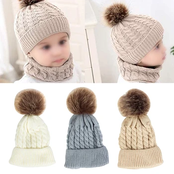 

2PCS Hat Scarf Set Woolen Yarn Cute Neckerchief Autumn Winter Striped Baby Kids Knitted Soft Outfit Unisex Warm Scarf