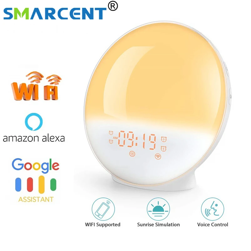 

WIFI FM Radio Sunrise Alarm Clock Upgrade Smart Wake Up LED Sunrise Light APP with Alexa/Google 7 Colors Sunrise Simulation