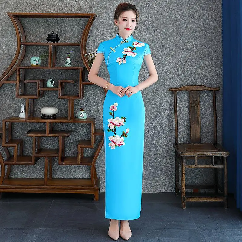 Женское тонкое платье вечерние Длинные Cheongsam свадебное роскошное сексуальное свадебное платье Qipao модная одежда в китайском стиле Vestido - Цвет: Небесно-голубой