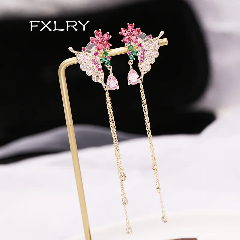 

FXLRY elegant mosaic inlay color cubic zirconia dazzling Long butterfly flower earrings for women Wedding Bridal Jewelry