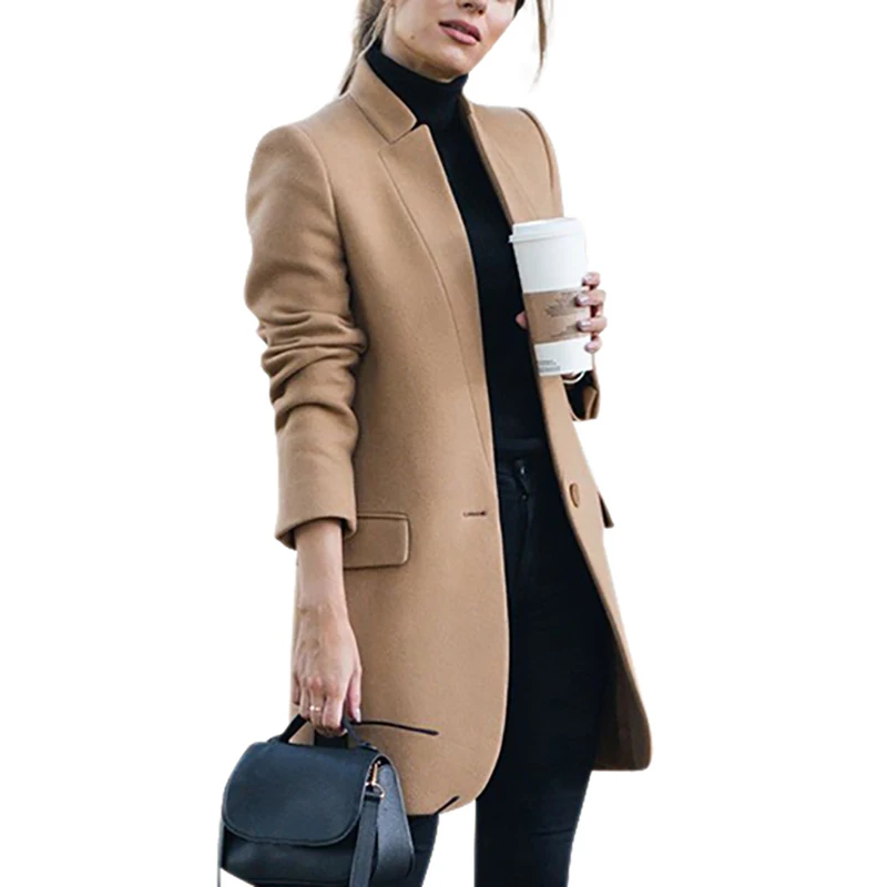 K New Thin Cotton Blend Coat Women Solid Long Coat Long Suit Collar Single Buckle Outwear Casual Autumn Winter Elegant Overcoat - Цвет: K