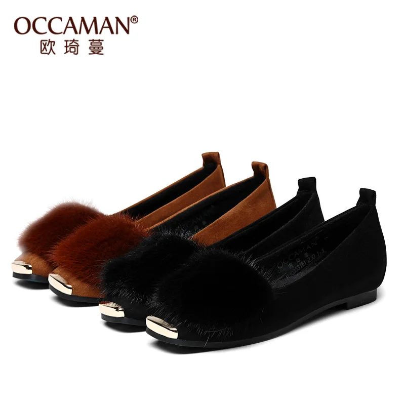 

OCCAMAN Simple Square Toe Spring Autumn Fashion 100% Genuine Sheepskin Leather Single Shoes Woolen Loafers 53181