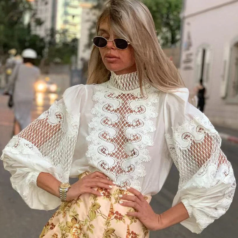 white Белая элегантная женская рубашка с вышивкой, стоячий воротник, рукав-фонарик, женские рубашки, одежда, весна-осень, модная новинка - Цвет: white