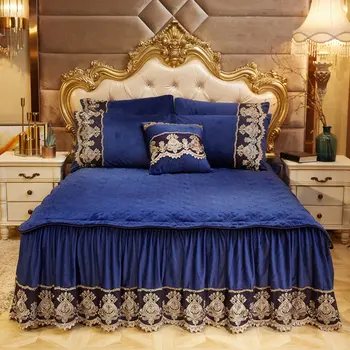 

European Vintage Velvet Lace Bed Skirt Twin Dust Ruffle Elastic Queen King Full Bedspread Quilted Blue Green Grey Bed Cover 3pcs