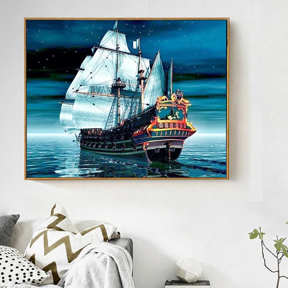 Diamond Painting Bateau de mer,Broderie Diamant Kit Complet,DIY Peinture Diamant 5D Grand Format,Diamant Painting pour Adultes et Enfants,décoration Maison pour Salon Chambre à Coucher-40x80cm