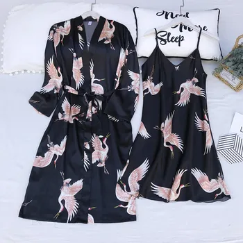 

Black Chinese Print Kimono Robe Gown Suit Women Home Wear Sexy V-Neck Backless Nightdress Set Satin Sleepwear With Belt Bathrobe