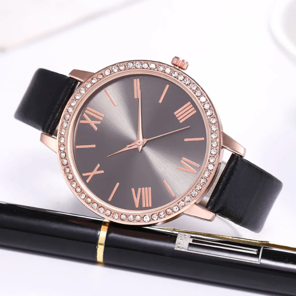 Модные повседневные женские часы дамские с кожаным ремешком бриллианты римская