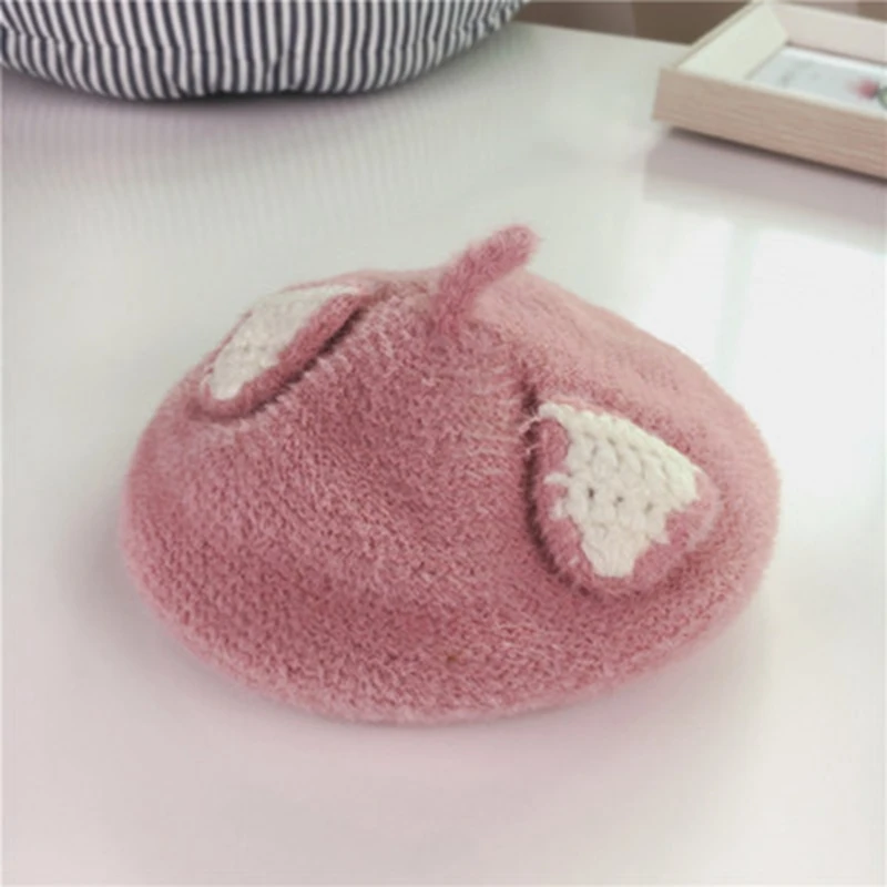 Pink Детская шапка; сезон осень-зима; береты для девочек; теплые шапки с ушками для малышей; детские вязаные шапочки; шапка с ушками для младенцев; Детские шапки для художника; Новинка - Цвет: Pink
