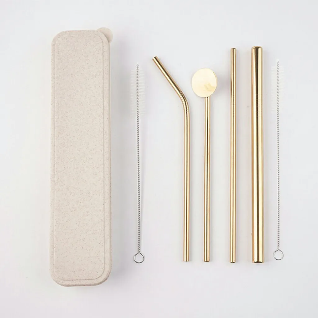 Stainless Steel Metal Drinking Straw Reusable Straws Sturdy Bent Straight Drinks Straw+ 2 Cleaner Brush for Mugs#0828