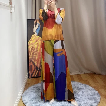 

MIYAKE Pleated Color Matching High Waist Wide Leg Pants 2020 Spring Large Size Pants Pendant Loose Thin Pants Women Pantalon
