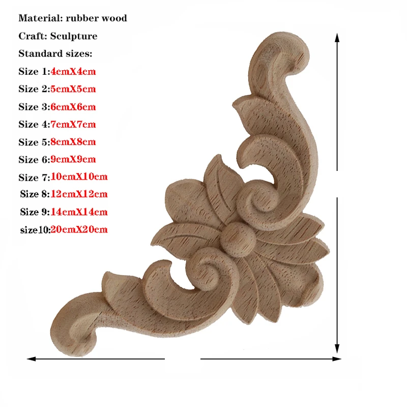 Ornament Crafts Wooden Figurine Crafts Solid Wood Applique Carved Mouldings Furniture Vintage Home Horn Flower 4PCS
