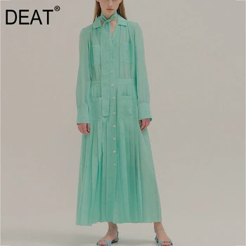 

DEAT 2020 new spring and summer fashion women clothing turn-down collar full sleeves high waist single breasted long dress