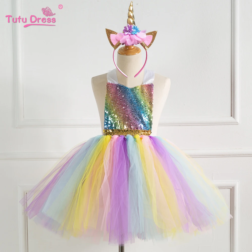 Радужное платье-пачка с блестками; разноцветное детское праздничное платье принцессы с единорогом для девочек; костюм на Хэллоуин для девочек 2-12 лет