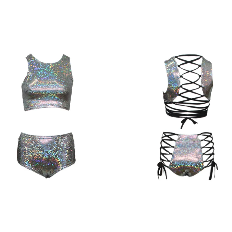 2 Piece Sets Holographic Crop Top And Hot Shorts Women Sexy Lace Up Festival Party Rave Clothing Two Piece Set