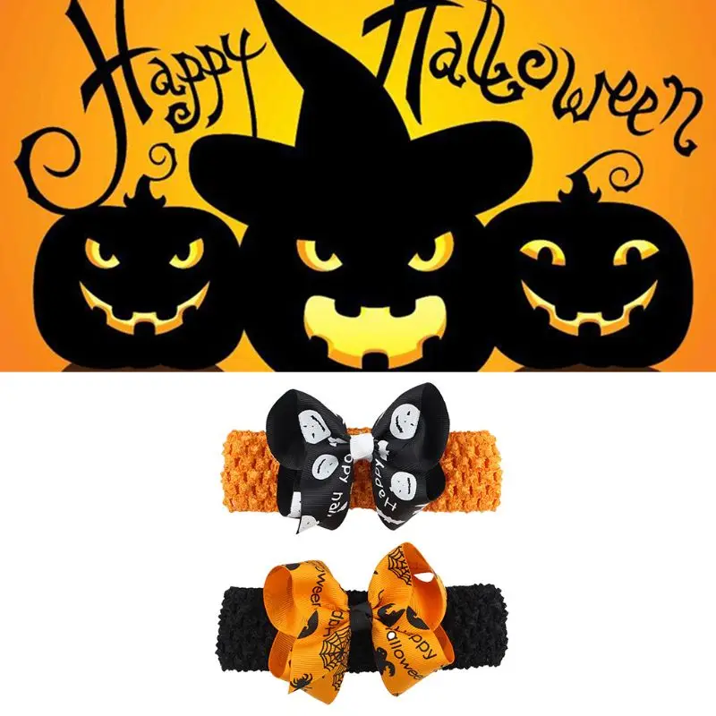 

Infant Baby Halloween Wide Headband Cute Pumpkin Bat Ghost Print Hairband Removable Grosgrain Bowknot Alligator Clip Turban