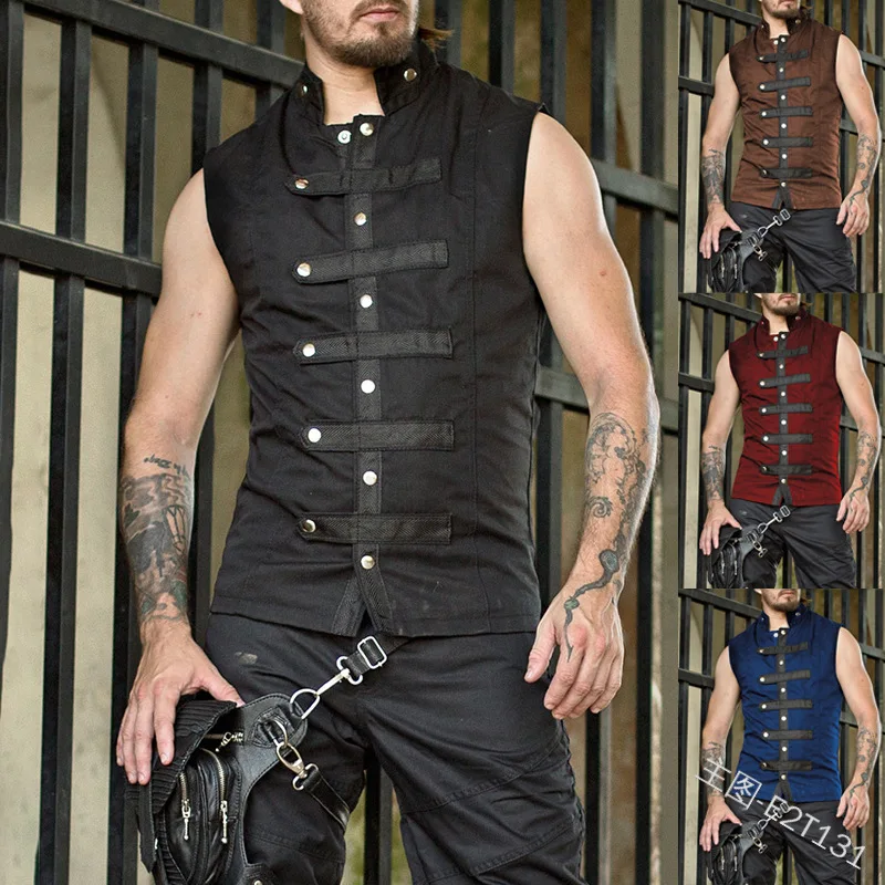 

4 Colors Fashion Men Medieval Steampunk Vest Coat Vintage Man Warrior Sleeveless Tshirts Plus Size S-3XL