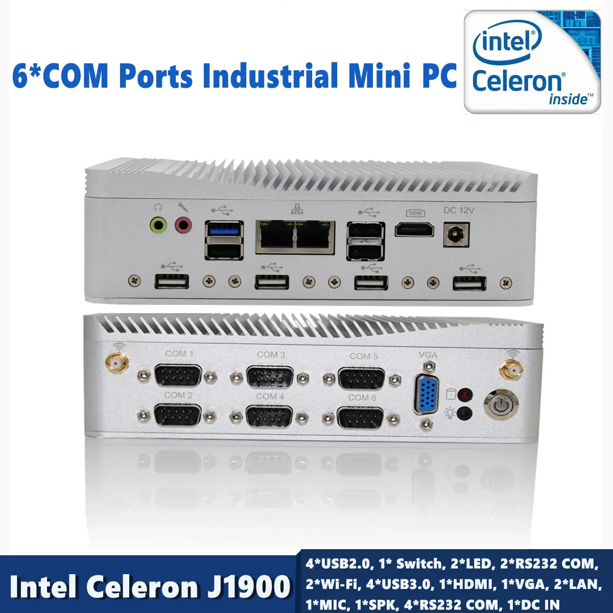 Многопортовый промышленный мини ПК Intel Celeron J1900 24 часа работы безвентиляторный с 6