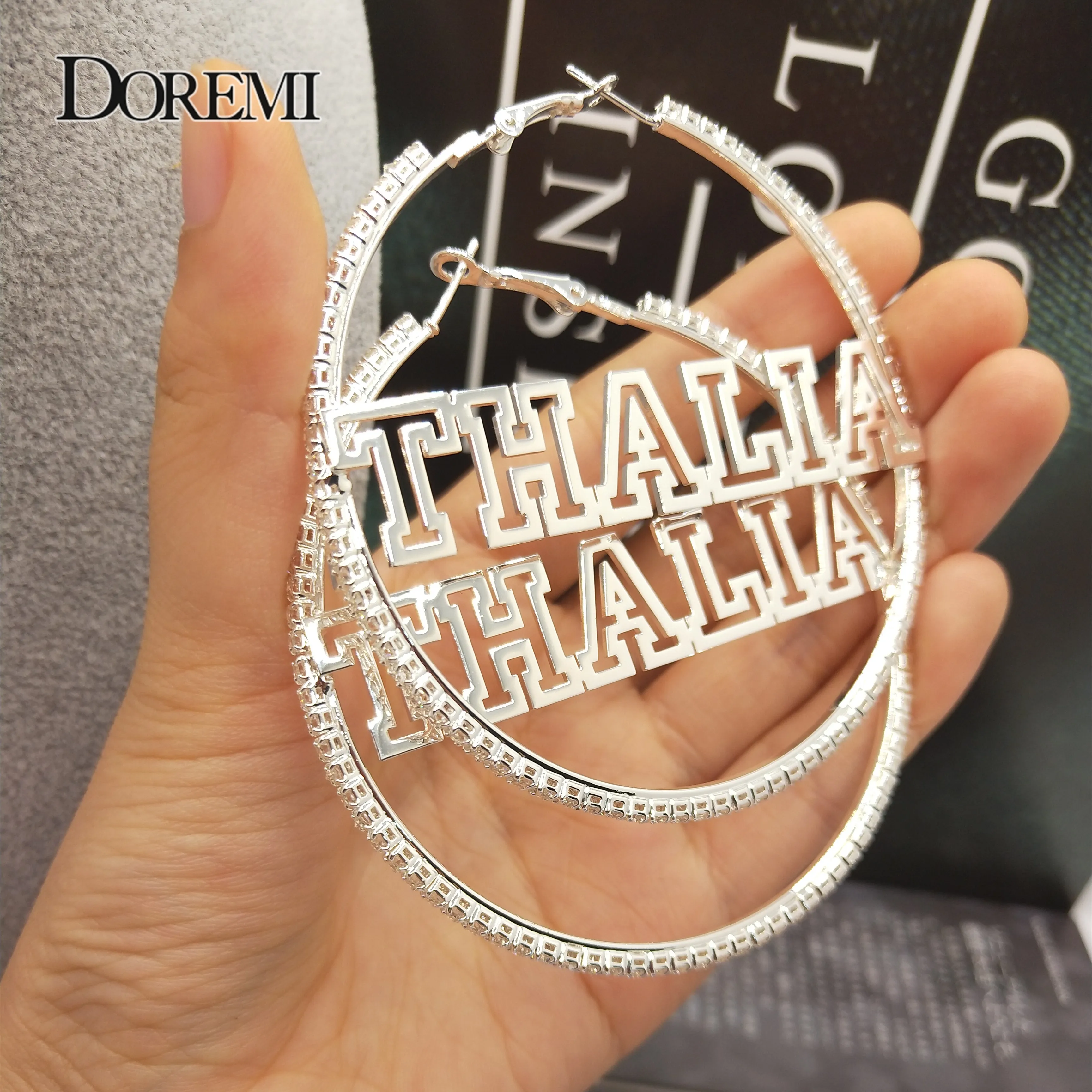 DOREMI 2mm White Zircon Name Earrings Thin hoop Custom-named Stainless Personalized Earring Hip-hop Style Custom hoop 5-9cm 50 500pcs 1 inch sticker self adhesive label kraft paper personalized diy stickers round stationery cut thin material