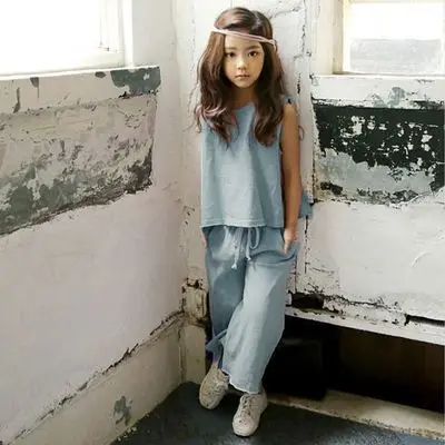 

2019 Summer New Style Korean-style Set Girls Cotton Sleeveless Vest T-shirt Middle And Large Children Shorts Two-Piece Set