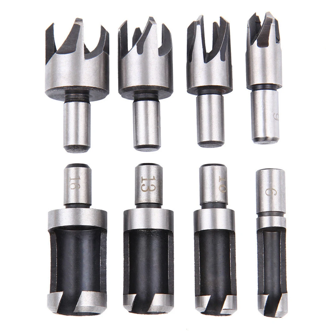 8 Pcs 1/4" 3/8" 1/2" 5/8" Wood Hole Plug Cutter Set Dowel Maker Cutting Tools 3/8" Shank Carbon Steel Bit