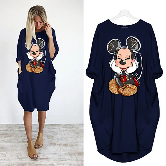 Disney Plus Size Midi Dress Long Sleeve Robe Casual Minnie Mickey Mouse Print Beach Loose Dresses Kawaii Sundress Women Clothing D002H1694 Blue