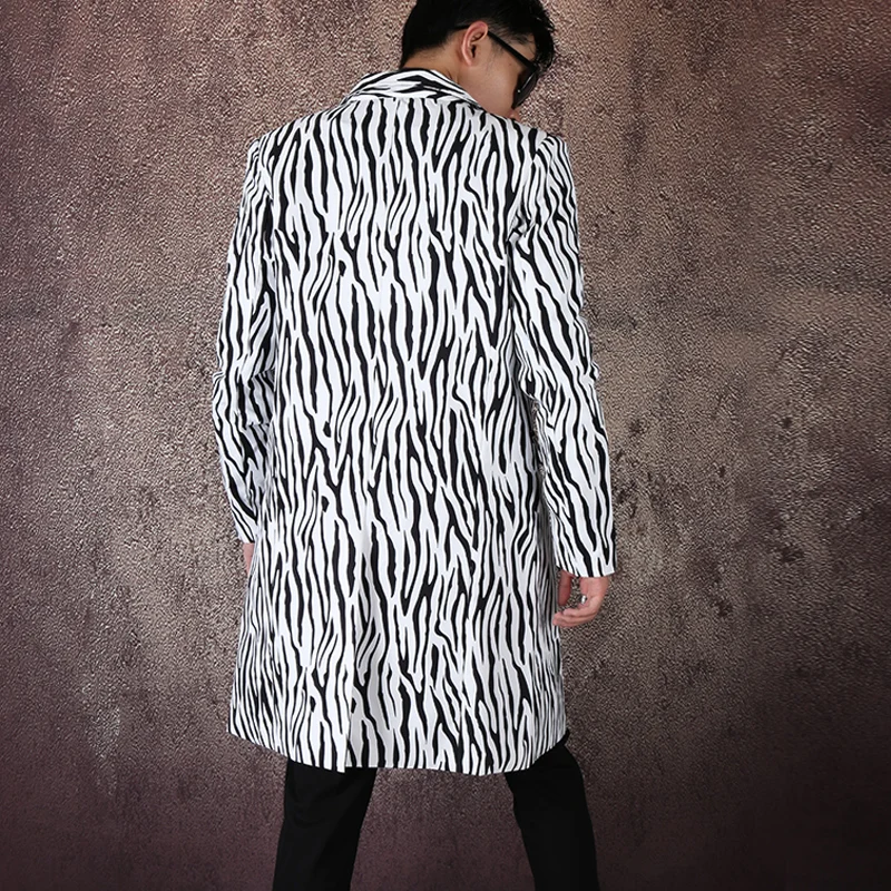 New Men Fashion Zebra Suit Jacket Mens Long Business Casual Suits Nightclub Tide Male Hair Stylist Coat Dj Stage Costume M-5XL