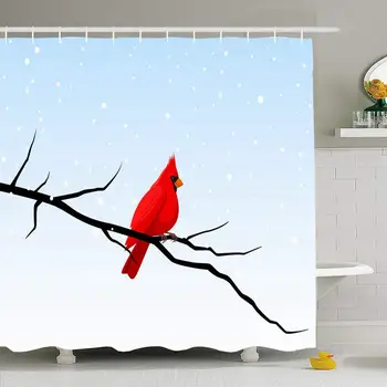 

Shower Curtain Set with Hooks 66x72 Cardinal Perched Graphic Bird On Branch Snowflakes Nature Holidays Holiday Snowy Snow Design